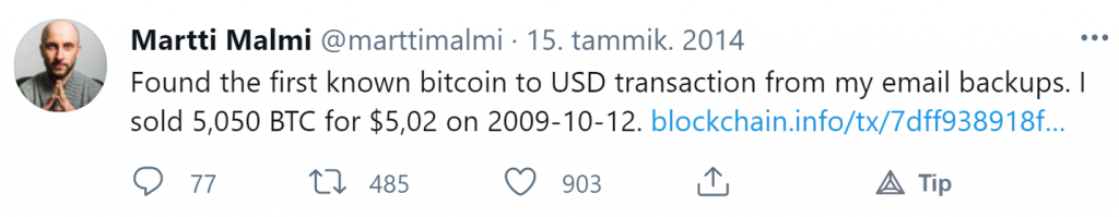 Martti Malmin twiitti ensimmäisestä bitcoin myynnistä